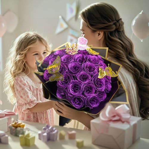 DIY Artificial Roses Flower Bouquet 36 Pack - Glitter Purple Roses Shiny Flowers with Stems Eternal Floral Gifts for Elegance Wedding Anniversary Birthday Graduations Valentine's Day Mother's Day
