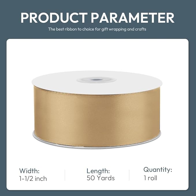 1-1/2" Wide x 50 Yards Champagne Gold Single Faced Polyester Satin Ribbon - Image 2
