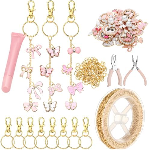 VioraWhite 213 Pcs Lip Gloss Keychain Making Kit Butterfly Purse Bag Charms 100 Pink Enamel Charms 32.81 ft Gold Chains for DIY Crafts Women