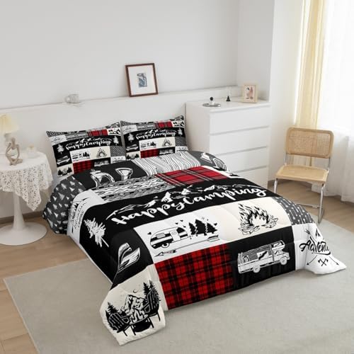 Castle Fairy Camping Camper Comforter Set King Size,RV Inside Decor Rustic Patchwork Bedding Set All Season Quilt Set,Farmhouse Lodge Hunting Red Checkered Microfiber Polyester Down Comforter