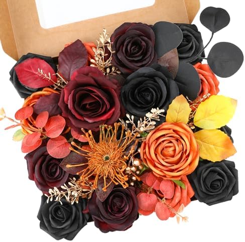 Floweroyal Halloween Artificial Flowers Black Flowers Mix Silk Flowers Fake Roses with Stems for DIY Wedding Bridal Bouquets, Baby Shower, Floral Arrangement, Table Centerpieces, Home Decorations