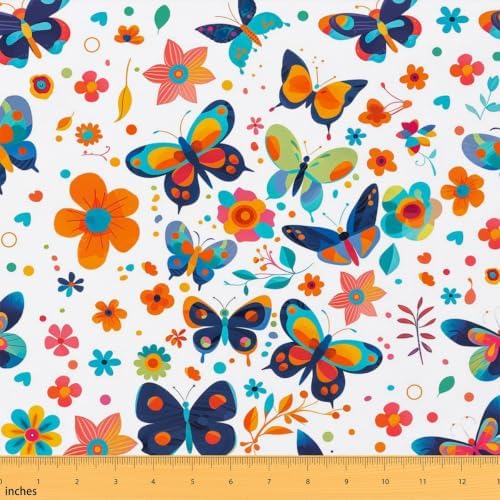 Rustic Butterfly Upholstery Fabric for Chairs Boho Floral Outdoor Fabric by The Yard 362"x63", Country Aesthetic Animal Flowers Watercolor Beetles Waterproof Fabric