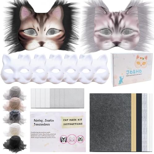 J6&H6 31 Pcs DIY Therian Mask Kit with Exclusive Funny Stickers, Blank Cat Mask,Fabric Sheet, Faux Fur and Eye Mesh Suitable for Christmas Ghost Role-Playing Parties(Grey)