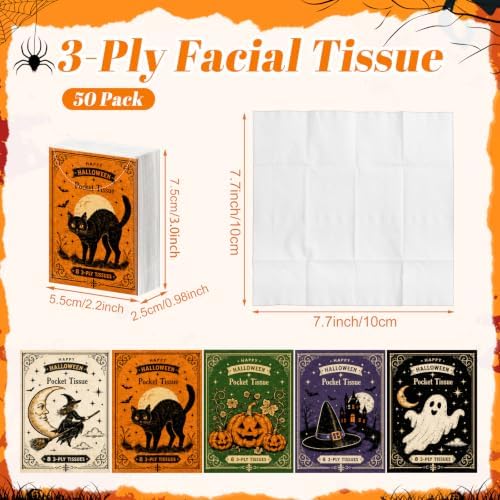 Outus 50 Pack Cute Halloween Pocket Tissues Travel Size 3 Ply