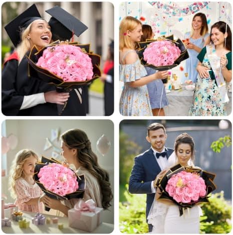 Light Pink Glitter Flowers Bouquet, Fake Roses Bouquet 16 Pcs DIY Glitter Rose Bouquet Kits Birthday Gifts for Women Mom Mother's Day Anniversary Graduation