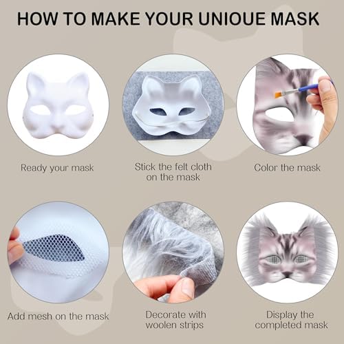 J6&H6 31 Pcs DIY Therian Mask Kit with Exclusive Funny Stickers, Blank Cat Mask,Fabric Sheet, Faux Fur and Eye Mesh Suitable for Christmas Ghost Role-Playing Parties(Grey)