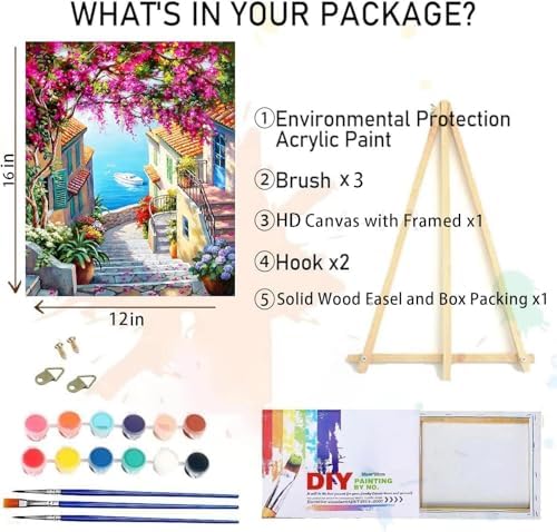 MIRCVSH Landscape Paint by Numbers for Adults with Framed Canvas-with Wooden Easel,Paint by Number on Canvas,DIY Acrylic Oil Painting Kits with Brushes Nice Gift Box for Home Wall Decor(12x16 Inch)
