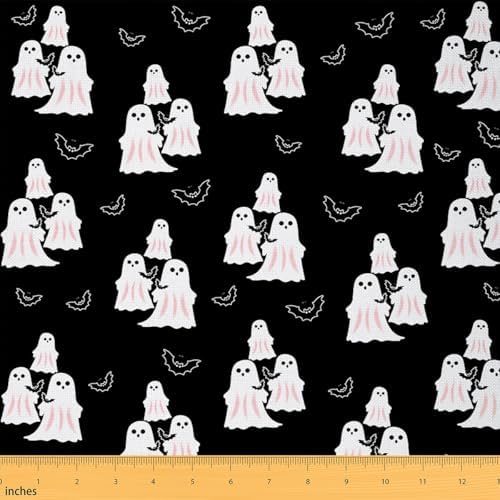 Feelyou Happy Halloween Soft Flannel Fabric by The Yard Kids 3 Yards Cute Ghost Black Bat Animal Upholstery Fabric Black Spooky Trick or Treat for Home DIY Projects, Indoor Decor