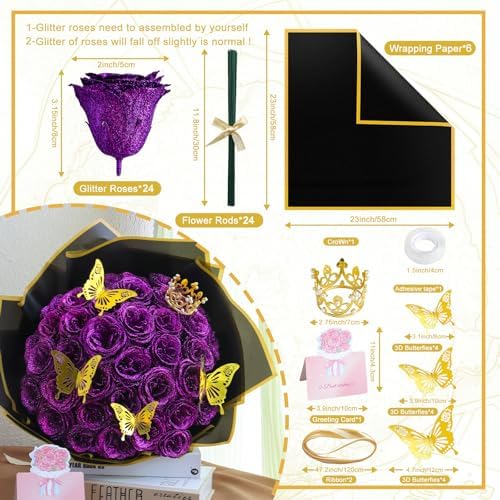 CCYXSHOW Purple Glitter Flower Roses Bouquet Kit - 24 Pack DIY Fake Shiny Rose with Stems Butterfly Crown Eternal Floral for Elegance Wedding Bouquet Gift for Birthday, Valentine's Day, Mother's Day