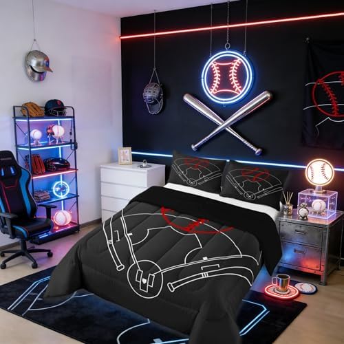 Baseball Field Print Bedding Set King Size,Boys Ball Sports Games Themed Comforter Set Room Decor for Home,Red Baseball Bat Sporting Equipment Microfiber Down Comforter,with 2 Pillowcases