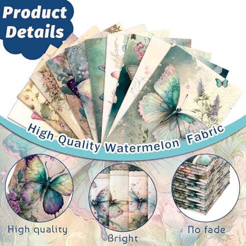 10 Pcs 18x22 Inch Vintage Butterfly Quilting Fabric Square Retro Spring Floral Butterfly Quilted Fabric Bundle Watercolor Precut Printed Sewing Material Patchwork Supplies for Holiday DIY Sewing Craft