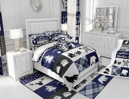 Castle Fairy Bear Print Comforter Set Queen Size,Deer Antler Animals Hunting Adventure Bedding Set for Women Adult,Pine Arrow Blue Check Plaid Vintage Luxury Bed Duvet Insert, 2 Pillowcases