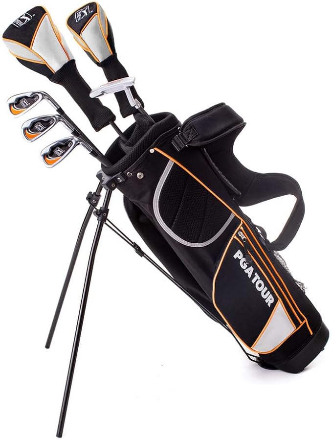 PGA Tour Youth Golf Club Set for Ages 5-15+ (3’5”-5’10”), Right and Left-Handed Kids Golf Sets – Beginner Junior Golf Clubs with Lightweight Stand Bag, Mallet Putter, Hybrid, Driver