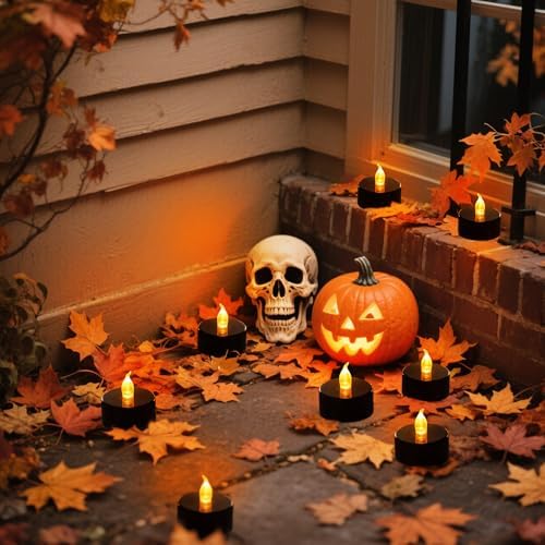 Tea Lights Battery Operated Candles LED Tea Lights Flameless Candles 200+ Hours Flickering Fake Tealights for Halloween, Christmas Home Table Decor(Black, 24 Pack)