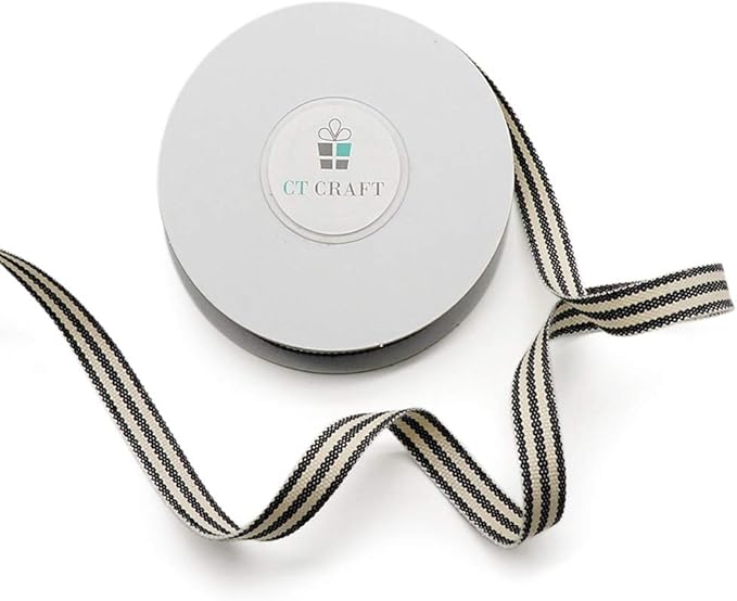 CT CRAFT LLC Ivory Cotton Black Stripes Ribbon 3/8" x 10 Yards - Image 2