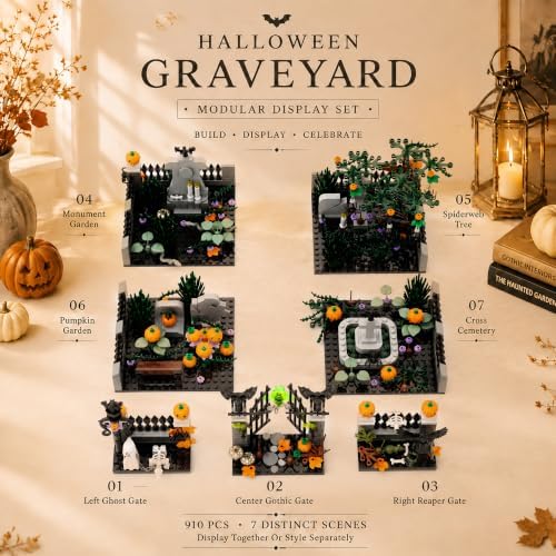 Halloween Graveyard Cross Building Blocks Set, 129 PCS Cemetery Scene