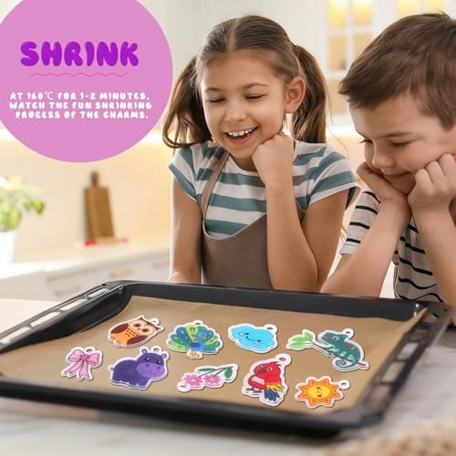 Yrinfay DIY Animals Shrinking Plastic Art Kit - 42 Pre-Cut Shapes, 12 Markers & Accessories - Make Charms, Keychains & Tags - No-Mess Craft for Kids - Birthday Gift with Shrinking Plastic Sheets