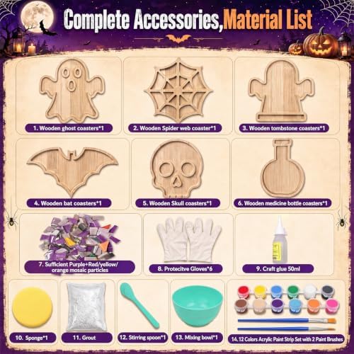 6 PCS Halloween Coasters, Mixed Color DIY Glass Mosaic Tiles for Crafts