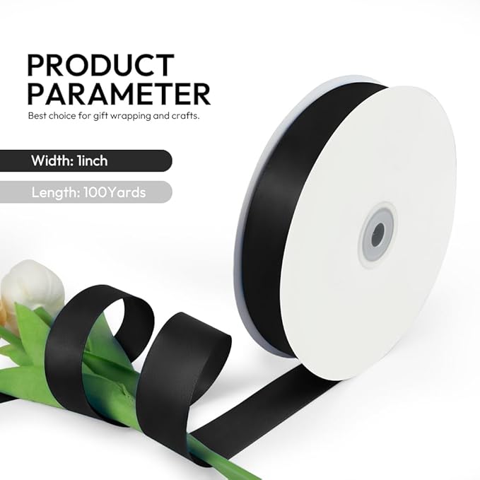1 Inch 100 Yards Satin Ribbon Black, Solid Color Fabric Ribbon - Image 2