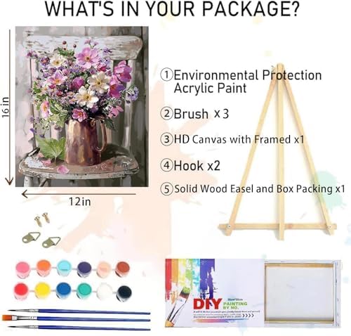 MIRCVSH Paint by Numbers for Adults Framed,Flowers DIY Oil Painting by Numbers on Canvas with Easel,Paint by Numbers Kits with Frame and Color Box Packaging12x16 Inch