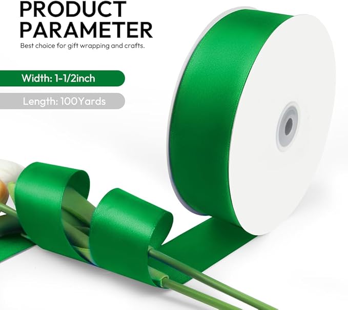 1-1/2 Inch 100 Yards Satin Ribbon Green, Solid Color Fabric Ribbon - Image 2