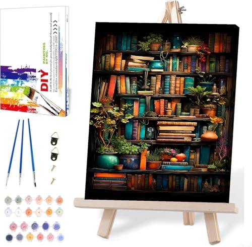 Bookshelf Paint by Numbers for Adults with Framed Canvas-with Wooden Easel,Paint by Numbers Kits Framed Canvas,DIY Acrylic Oil Painting Kits with Brushes Nice Gift Box for Home Wall Decor(12x16 Inch)
