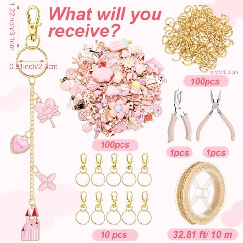 VioraWhite 213 Pcs Keychain Making Kit Bag Charm Kit Lip Gloss Key Chain 100 Pink Enamel Charms 32.81 ft Gold Chains for Galentines DIY Crafts Women(Elegant)