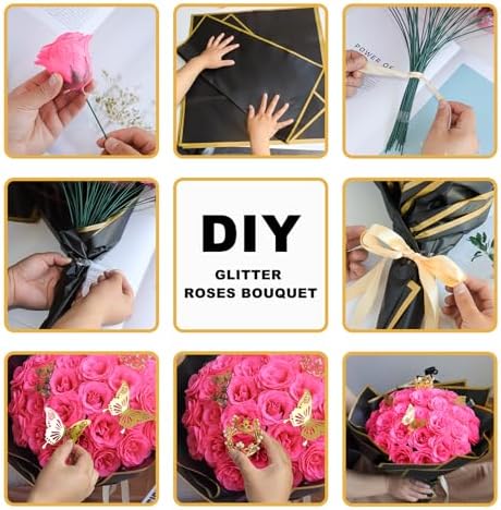 Glitter Rose Flower Bouquet, Fake Roses Bouquet 16 Pcs DIY Glitter Rose Bouquet Kits Birthday Gifts for Women Mom Mother's Day Anniversary Graduation - Hot Pink