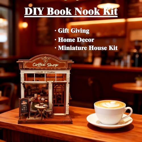 3D Wooden Coffee Shop Book Nook Kit - DIY Miniature Model with LED Lights, 143 Precision-Cut Pieces for Adults & Teens (1:24 Scale, Stress Relief Craft Gift)