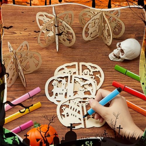 Yalikop 72 Pcs Halloween Kids Wood Crafts, 4.7 x 4 in, Ghost Pumpkin Cat