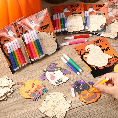 24 Sets Wooden Halloween Coloring Crafts Kits with Watercolor Pen