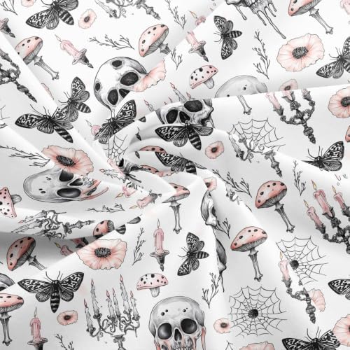 Sketch Skull Fabric by The Yard Mushroom Pink Poppy Plants No Stretch Fabric for Sewing Supplies Gothic Style Moth Spider Web Soft Polyester for Home DIY Projects 2 Yards Whole Piece,72" L x 59" W