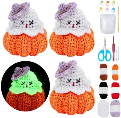ORIGACH 4 Set Halloween Glow-in-the-Dark Ghost Crochet Kit for Beginners