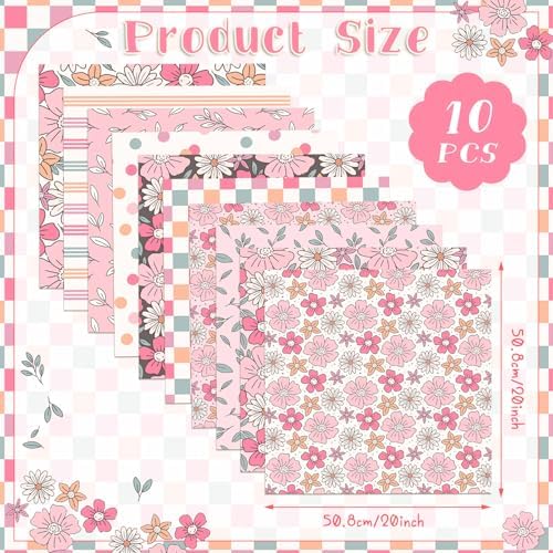 Hahafelt 10 Pcs Fall Retro Pink Floral Quilting Fabric Bundles 20 x 20 Inch