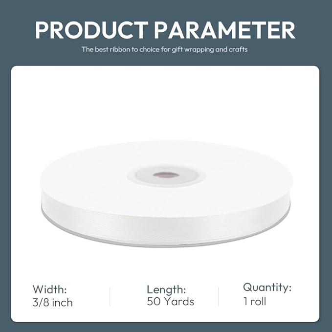 KMER LIFE 3/8" Wide x 50 Yards White Single Faced Polyester Satin Ribbon - Image 2