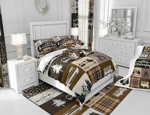 Castle Fairy Happy Camping Comforter Set Queen Size,RV Camper Adventure Tent Patchwork Bedding Set for Women Adult,Rustic Farmhouse Lake Cabin Brown Check Luxury Bed Duvet Insert, 2 Pillowcases