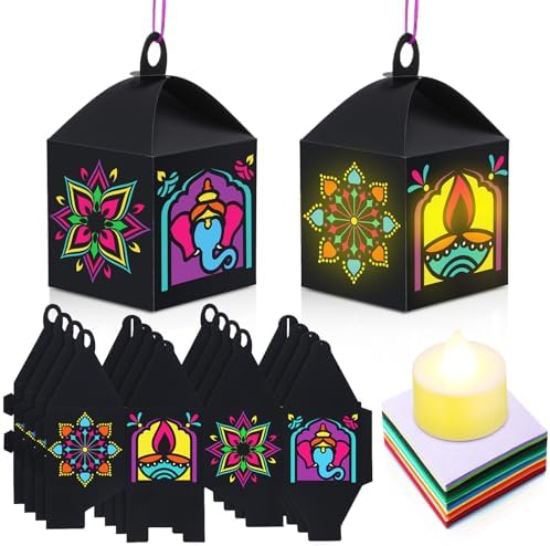 Simgoing 12 Sets Diwali Mandala Paper Lanterns with LED Light