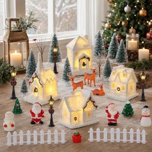 38 PCS Christmas Village Sets Christmas Figurine Village Houses Accessories White Winter Miniature Town Snow Scene Tabletop Decor with Santa Snowman Deer Street Light Pine Trees for Xmas Home Decor