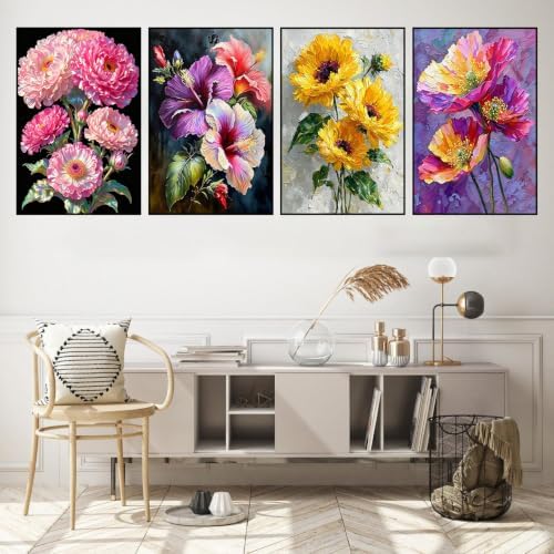 Axquilon 4 Packs Flowers Framed Paint by Numbers Kit with Easel 8x10in
