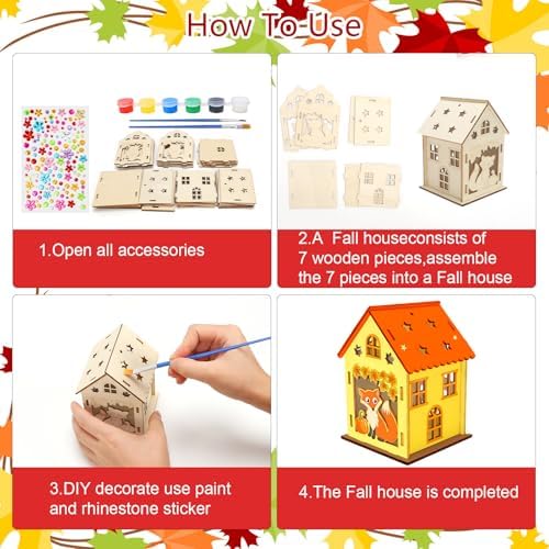 Fennoral 14 Pack Wooden Fall House Craft for Kids Make You Own Fall Animals House DIY Paint Fall Art and Craft for Autumn Art Projiect Thanksgiving Party Decoration