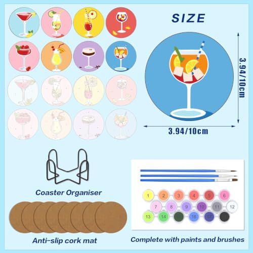 8 Pack Drinks Paint by Numbers Kits Coasters with Holder Cork Pads