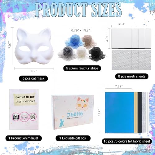 J6&H6 22 Pcs DIY Therian Mask Kit with Exclusive Funny Stickers, Blank Cat Mask,Felt Fabric Sheet, Faux Fur and Eye Mesh Suitable for Christmas Role-Playing Parties