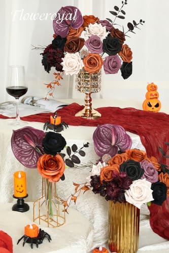 Floweroyal Halloween Artificial Flowers Black Flowers Mix Silk Flowers Fake Roses with Stems for DIY Wedding Bridal Bouquets, Baby Shower, Floral Arrangement, Table Centerpieces, Home Decorations