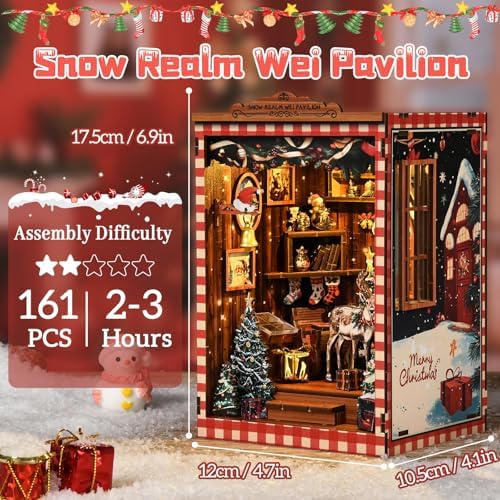 DIY Mini Book Nook Kit, Snow Realm Wei Pavilion 3D Wooden Puzzle with LED Lights, Christmas Themed Bookshelf Decor, 161 Pcs Adult Craft Model for Home & Gift