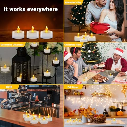 Battery Operated Tea Lights (24 Pack), Realistic Flickering Flameless Candles (200+ Hours), Soft Amber Glow for Home Decor, Dinner Party, Mother's Day & Relaxation (Warm Yellow)