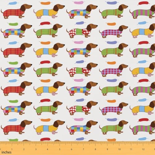 Cartoon Dachshund Fabric by The Yard,Colorful Grid Plaid Soft Polyester No Stretch Fabric,Lovely Dogs Puppies Decorative Fabrics,Green White Crafts & Sewing Supplies,10 Yards,360" L x 59" W