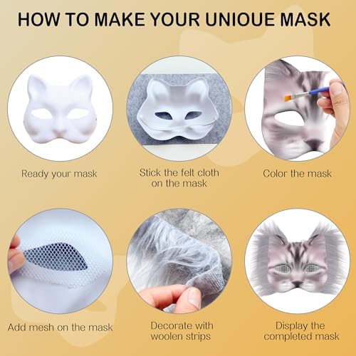 J6&H6 31 Pcs DIY Therian Mask Kit with Exclusive Funny Stickers, Blank Cat Mask,Fabric Sheet, Faux Fur and Eye Mesh Suitable for Christmas Role-Playing Parties?White?