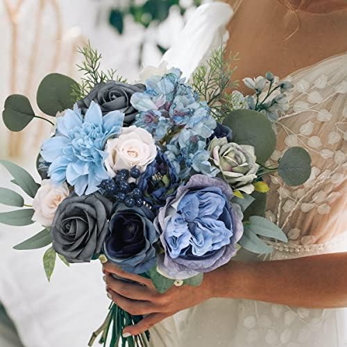 Floweroyal Artificial Flowers Combo Dusty Blue Flowers Mix Silk Flowers Dahlia Roses with Stems for DIY Wedding Bridal Bouquets, Baby Shower, Floral Arrangement, Table Centerpieces, Home Decorations.