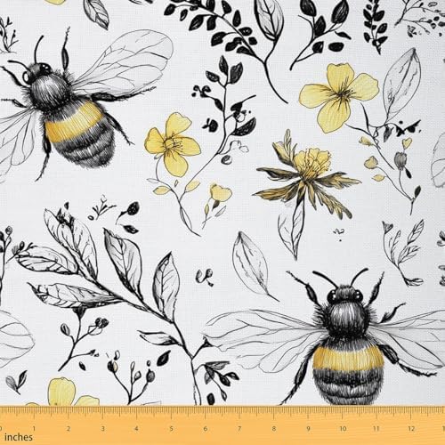 Castle Fairy Cartoon Bee Fabric by The Yard Branches Leaves Flower Country Rustic Craft Patchwork Decor for Quilting Sewing 3 Yard,108" Lx59 W White Black Yellow