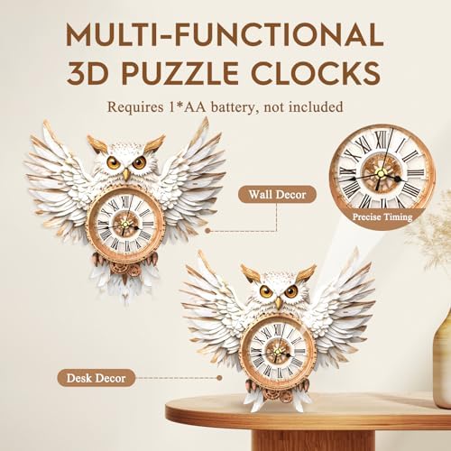 3D Puzzles for Adults Wooden Snowy Owl Clock Puzzle Adult Crafts